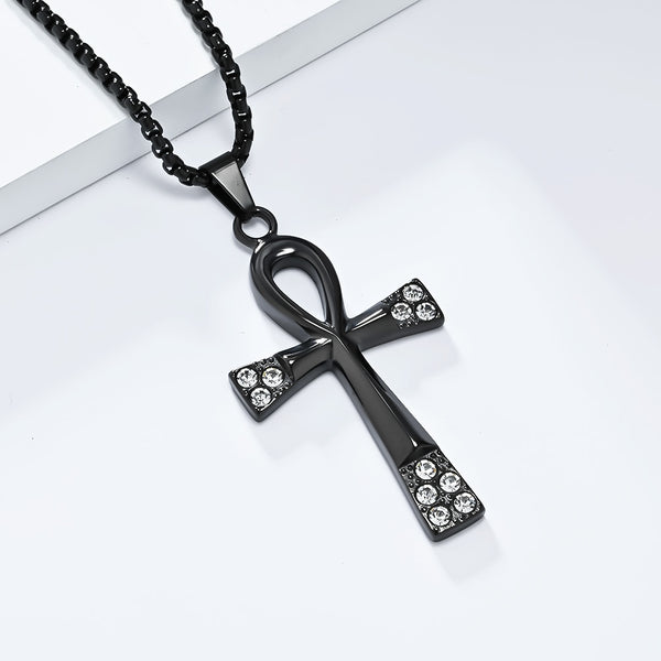 Men's Titanium Stainless Steel Cross Pendant Necklace with Ankh Design and Cubic Zirconia - Elegant Gold Finish, Hypoallergenic Chain Included-Men's Pendant Necklace-SunnyHouse Jewelry