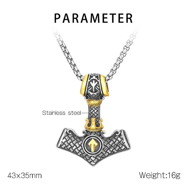 Men’s Titanium Stainless Steel Thor’s Hammer Pendant Necklace – Mjolnir Viking Jewelry with Gold and Silver Accents – Durable Norse Accessory for Men-Men's Pendant Necklace-SunnyHouse Jewelry