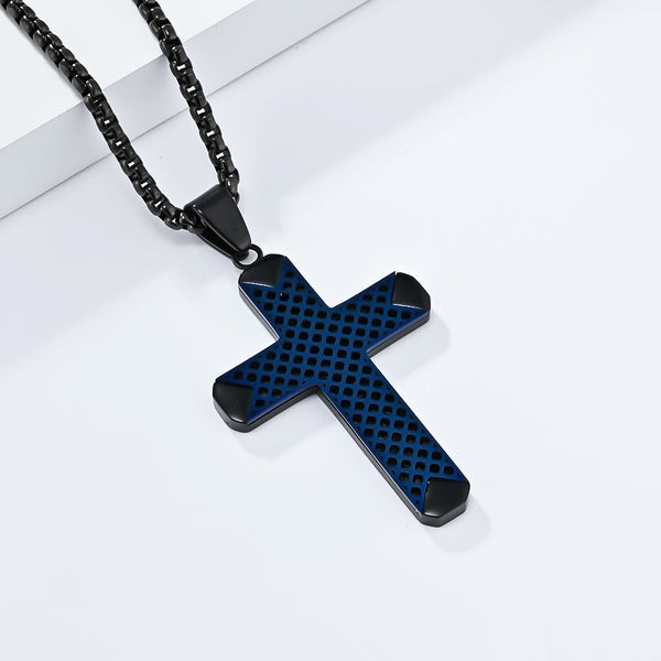 Men's Titanium Stainless Steel Cross Pendant Necklace with Blue Mesh Design - Modern and Stylish-Men's Pendant Necklace-SunnyHouse Jewelry