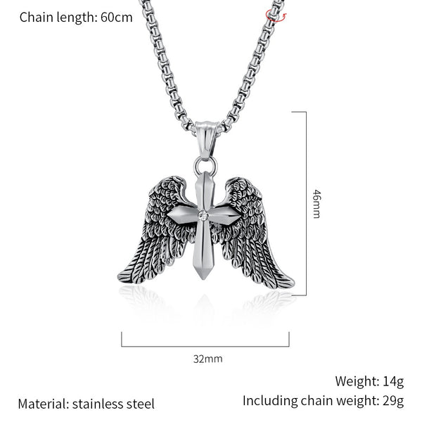 Men's Titanium Stainless Steel Angel Wings Sword Pendant Necklace with Cubic Zirconia - Durable, Hypoallergenic Chain Included-Men's Pendant Necklace-SunnyHouse Jewelry