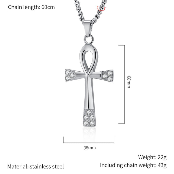 Men's Titanium Stainless Steel Cross Pendant Necklace with Ankh Design and Cubic Zirconia - Elegant Gold Finish, Hypoallergenic Chain Included-Men's Pendant Necklace-SunnyHouse Jewelry