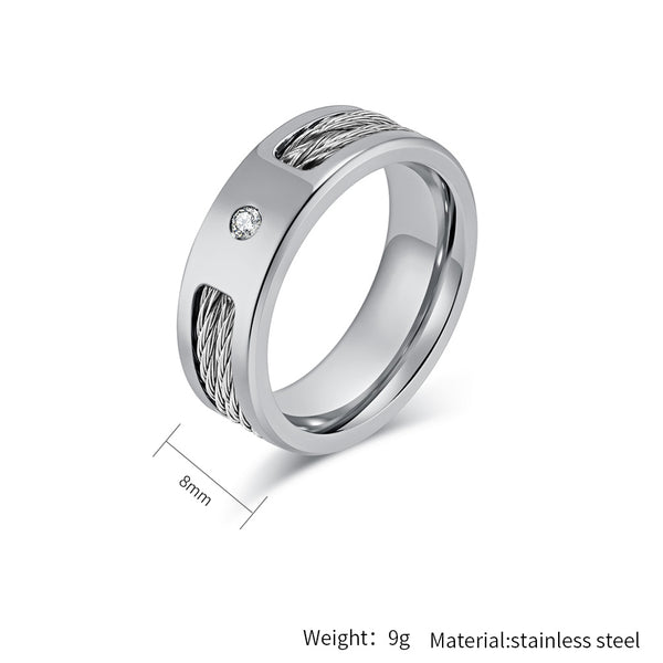 Men’s Titanium Stainless Steel Cable Wire Ring with Black Plating and Crystal Accent – Modern and Stylish Band for Men – Durable and Unique Gift-Men's Ring-SunnyHouse Jewelry