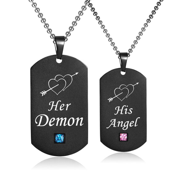 His & Hers Matching Set Her Demon His Angle Tag Pendant Necklace Couple Jewelry Set-Couple Necklace-SunnyHouse Jewelry