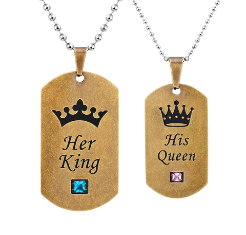 His & Hers Matching Set Vintage King Queen Tag Pendant Necklace Couple Jewelry Set-Couple Necklace-SunnyHouse Jewelry