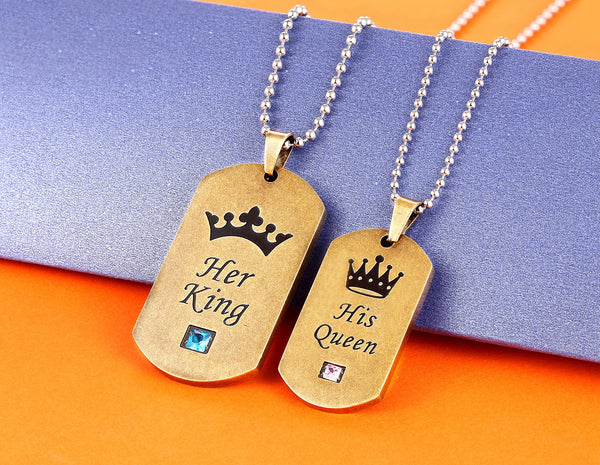 His & Hers Matching Set Vintage King Queen Tag Pendant Necklace Couple Jewelry Set-Couple Necklace-SunnyHouse Jewelry