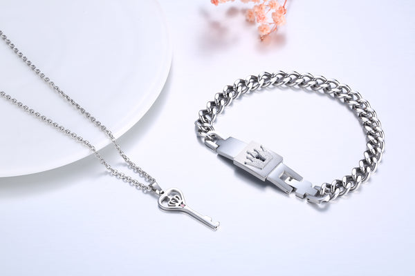 His & Hers Matching Set King Queen Key Lock Bracelet and Pendant Couple Jewelry Set-Couple Bracelets-SunnyHouse Jewelry