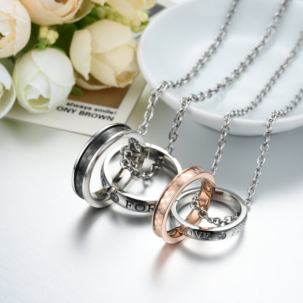 His & Hers Matching Set Titanium Stainless Steel Couple Rings Necklace Love Style-Couple Necklace-SunnyHouse Jewelry