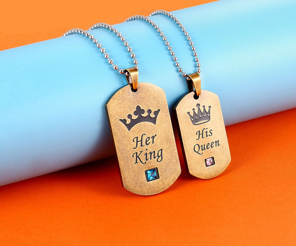 His & Hers Matching Set Vintage King Queen Tag Pendant Necklace Couple Jewelry Set-Couple Necklace-SunnyHouse Jewelry