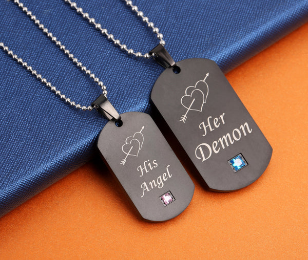 His & Hers Matching Set Her Demon His Angle Tag Pendant Necklace Couple Jewelry Set-Couple Necklace-SunnyHouse Jewelry