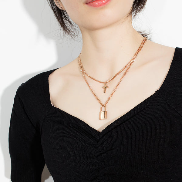 Women's Fashion Cross and Lock Pendant Necklace-Womens Pendant Necklace-SunnyHouse Jewelry