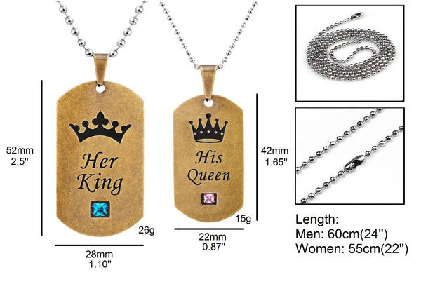 His & Hers Matching Set Vintage King Queen Tag Pendant Necklace Couple Jewelry Set-Couple Necklace-SunnyHouse Jewelry