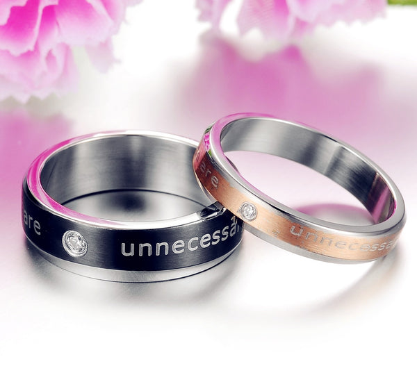 His & Hers Matching Set Words Unnecessary Couple Rings, Wedding Band Set, Valentine, Anniversary, Wedding, Promise, Engagement Ring-Couple Rings-SunnyHouse Jewelry