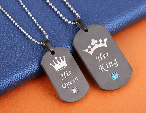 His & Hers Matching Set Her King His Queen Tag Pendant Necklace Couple Jewelry Set-Couple Necklace-SunnyHouse Jewelry