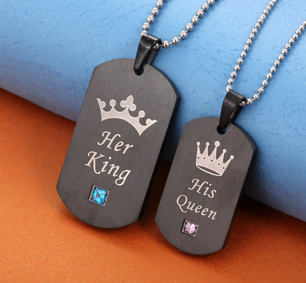 His & Hers Matching Set Her King His Queen Tag Pendant Necklace Couple Jewelry Set-Couple Necklace-SunnyHouse Jewelry